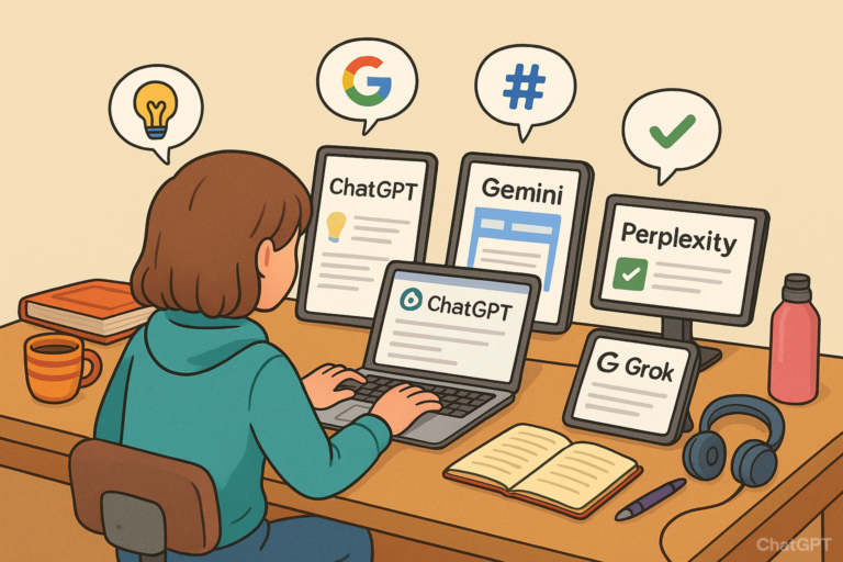 A teen sitting at a desk with a laptop open, maybe a tablet or phone nearby. The desk has some school vibes: notebooks, textbooks, pens, a coffee mug or water bottle, maybe some headphones.